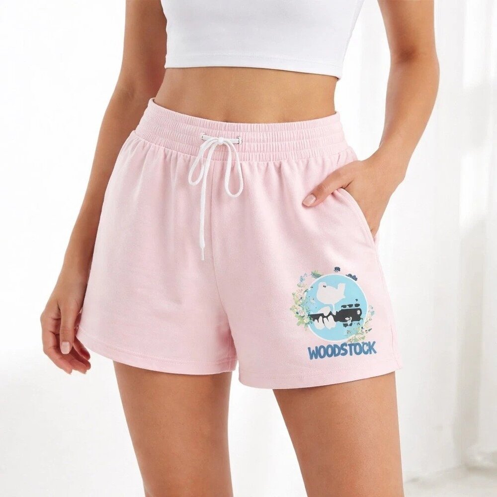 Woodstock Pink Drawstring Shorts Size M Graphic Logo Soft Lounge Shorts